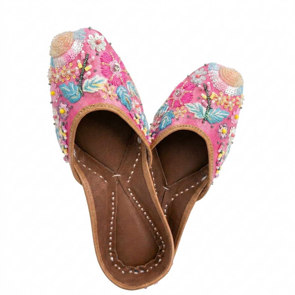 Handcrafted Pink Floral Embroidered Jutti.